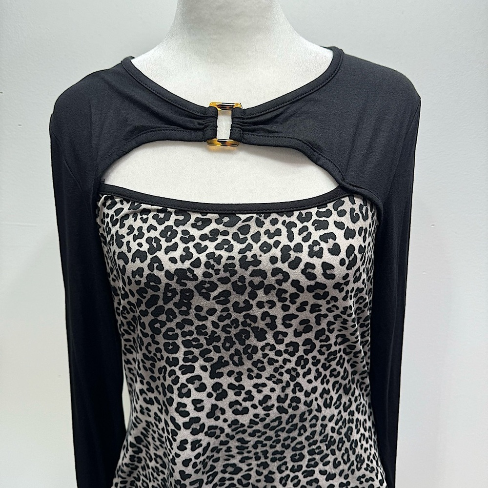 Leopard Print Gray & Black Long Sleeve Mobwife Top Front Cutout by Inner Beauty